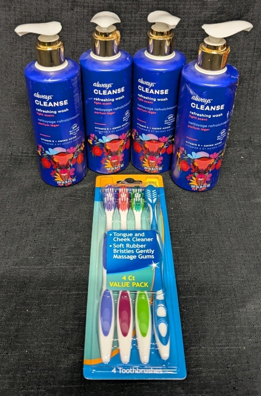 5 New: 4 Always Cleanse Refreshing Wash Light Scent 250ml Each - 4 Rexall Soft Toothbrushes