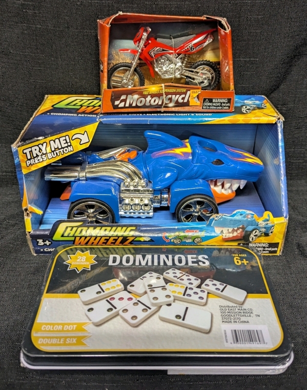 3 New: Toys and Games - Chomping Wheels Battery Car - Model Motorcycle - Dominoes Colour Dot Double Six