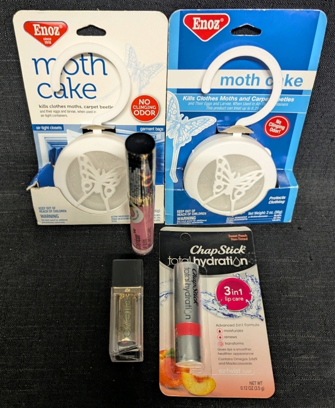 5 New: Health Lot - Lip Gloss Taurus - Lip Stick Peach Mimosa - Hydration Chap Stick Sweet Peach - 2 Moth Cakes Kills Moths, Carpet Beetles