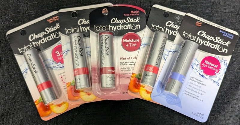 5 New: Chap Sticks - 3 Sweet Peach 3 in 1 Non-Tinted - Soothing Vanilla Natural Age Defying Non-Tinted - Merlot Moisture + Tint