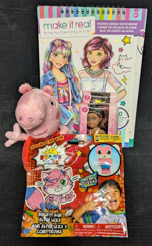 5 New: Kids Toys - Fashion Design Sketchbook - Peppa The Pig Stuffy - Ryan's World Build it Mini Alpha Lexa - 2 Imagine Angel Figures