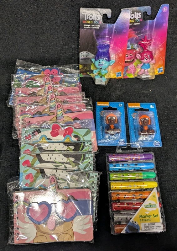 16 New: Kids Lot - 2 Trolls World Tour Figures - 2 Paw Mini Figures - Sesame Street Marker Set - 11 Assorted Animal NotePads
