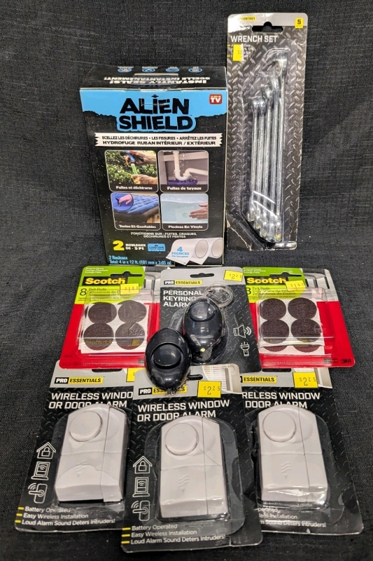9 New: Home Maintenance Lot - Wrench Set Imperial - 3 Wireless Window or Door Alarms - 2 Personal Keyring Alarms - 2 Scotch Felt Pads 8 Per Pack - Alien Shield Waterproof Interior/Exterior Tape