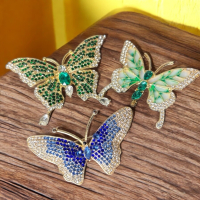 3 Rhinestone Butterfly Brooches Blue Pave / Emerald Green / Clear Enamel Style
