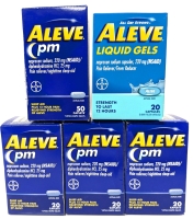 5 New ALEVE 220mg Naproxen Sodium Pain Reliever Fever Reducer : 3x PM with Diphenhydramine HCI 20 Caps + 1x 50 Caps & 1x Liquid Gels 20 Caps