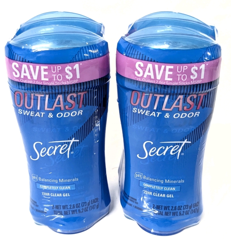 4 New Secret Outlast Sweat & Odour Completely Clean Scent 72-Hour Aluminum Antiperspirant - 73g ea | EXP 06/2026