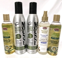 5 New Hair Products : 2x Vigorol Olive Oil Mega Moisture Mousses 354ml ea, 2x Olive Miracle Olive Tea Tree Growth Oil 237ml ea, Moisture Milk Leave-In Conditioner 237ml