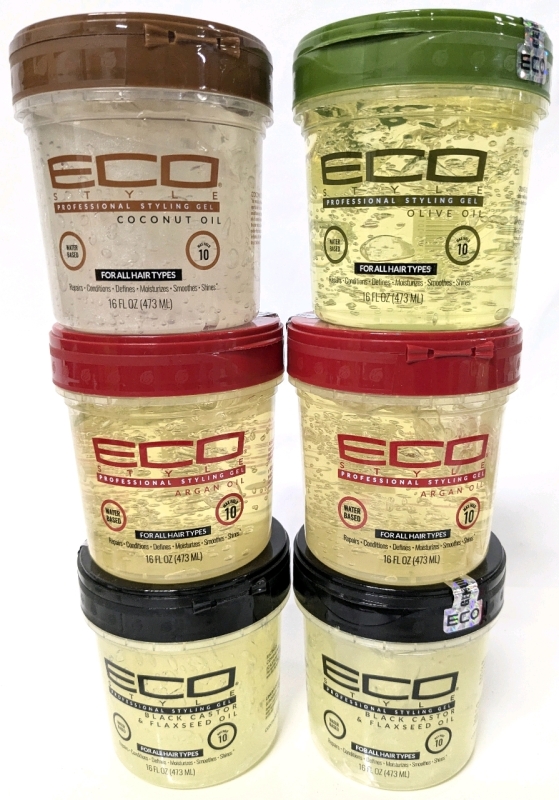 6 New ECO STYLE Max Hold Hair Styling Gels ; 2x Black Castor/Flaxseed Oil, 2x Argan Oil, 1x Coconut Oil, 1x Olive Oil - 473ml ea