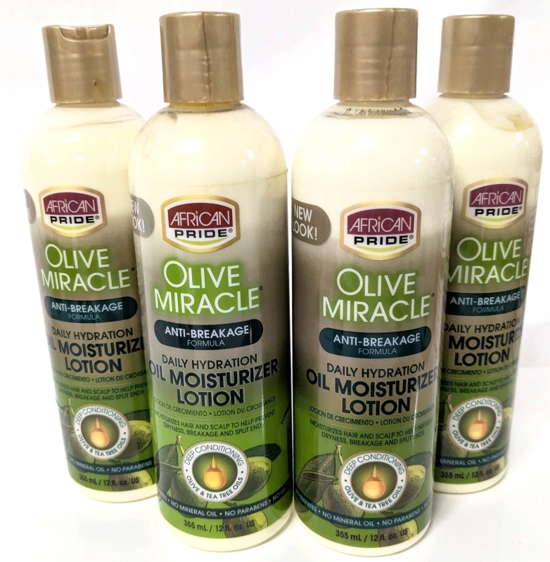 4 New Olive Miracle Anti Breakage Formula Daily Hydration Oil Moisturizer Lotion for Hair & Scalp - 355ml ea