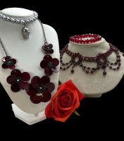 Festoon Garnet Colour Necklace / Rhinestone Flower Signed Necklace / 2 Bracelets inc Skull