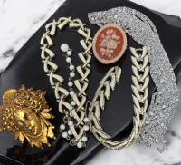 Vintage Mostly Signed Elegant Bracelet Necklace Set / 2 Brooches / 8 Strand Sparkly Chain