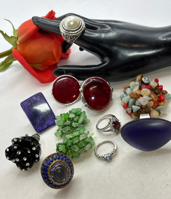 11 Rhinestone / Bead Work Rings Various Styles Unusual Scarf Clip