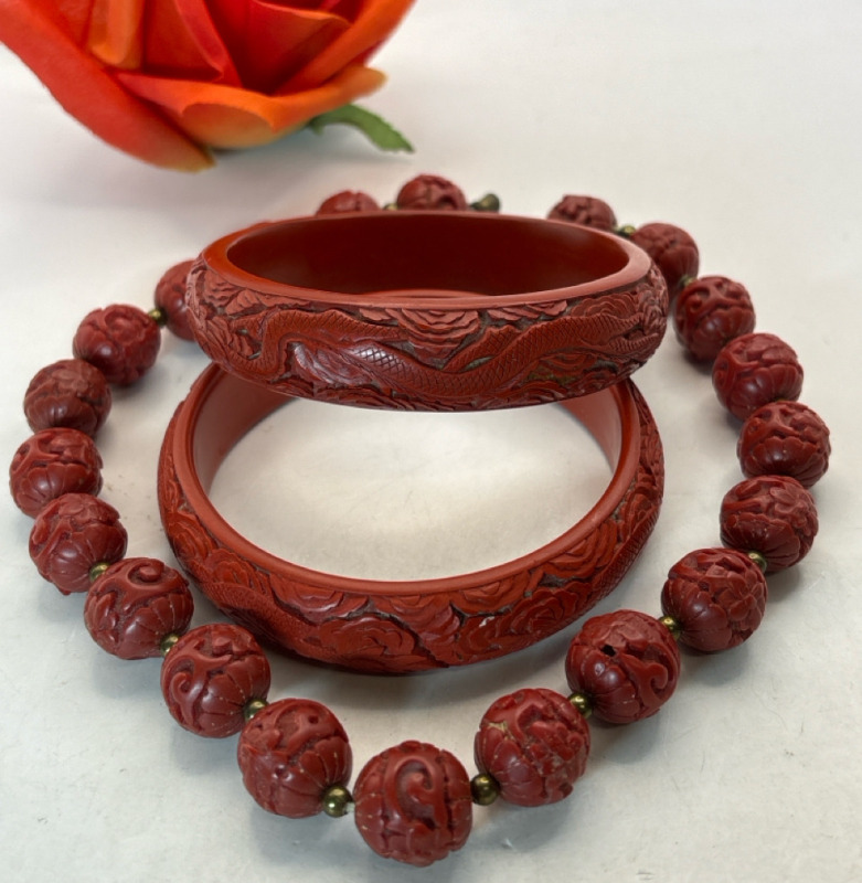 Two Vintage Dragon Cinnabar Bangles Carved Cinnabar Necklace