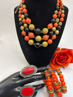 Vintage 3 Strand Lucite Faceted Orange Black Bead Necklace Frosted Golden Beads / Bracelet/ 2 Rings