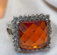 925 Sterling Square Orange Cushion Cut Stone Ring Size 8 Halo Clear Stones