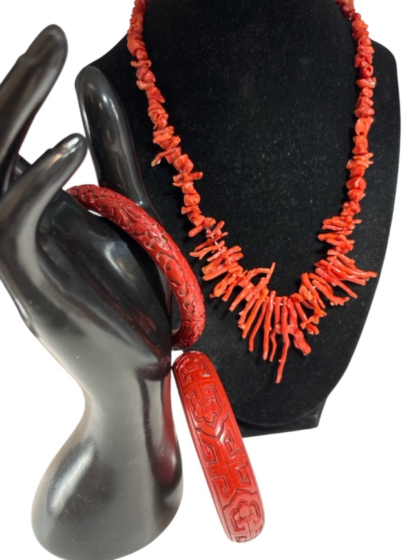 Two Vintage Carved Cinnabar Bangle Bracelets / Coral Branch Style Necklace