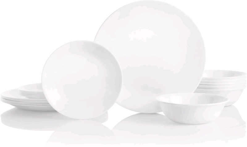 As-New 16-Piece CORELLE Vitrelle Extra Strength Premium Glass Dinnerware Set : 4 Each Dinner Plates, Salad/Side Plates, Soup/Cereal Bowls & Bowls - Winter Frost White