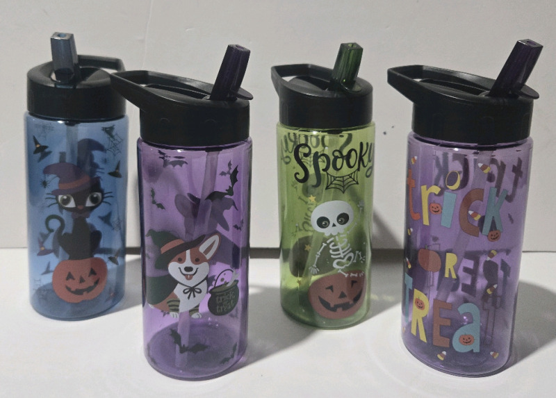 4 New | Kids Plastic Water Bottles Spooky Themed 7" Tall