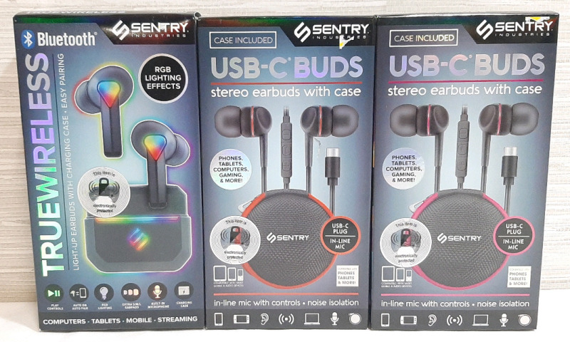 3 New Wireless Earbuds, Including A True Wireless Pair with RGB Lighting and Charging Case, USB-C Stereo Earbuds with Zip Up Case, Red and Purple