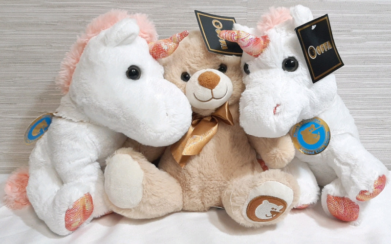 3 New Plush Fuzzy Animals from Goffa, Including 2 Unicorns and One Teddy Bear (All of them are 9" Tall)