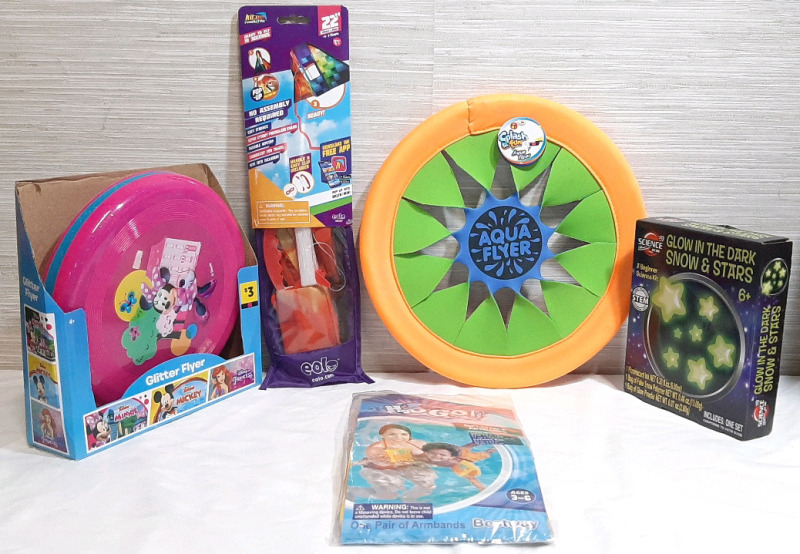Lot of New Kids Toys, Including A 22" Pop-up Kite, Aqua Flyer, Inflatable Arm Bands, Glow in The Dark Snow & Stars & 3 Disney Themed Frisbees