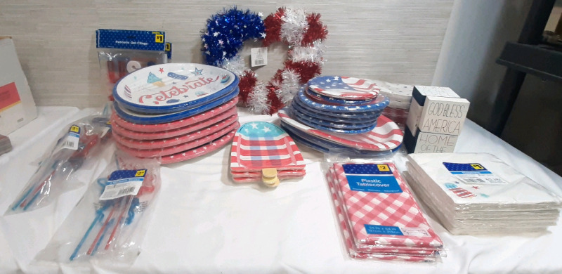 Lot of American Pride Celebration Products for Outdoor Use, Including 10 Packs of Large Paper Plates, 5 Medium Packs of Paper Plates, 2 Packs of Small Paper Plates, 3 Packs of Popsicle Shapes Paper Plates, 4 Packs of Plastic Tablecovers, 9 Packs of Napkin