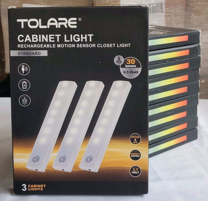 10 New - Tolare Rechargeable Motion Sensor Cabinet / Closet Wireless Lights , Warm White . Ten (10) Packs , 3 Lights Per Pack . Retail $250
