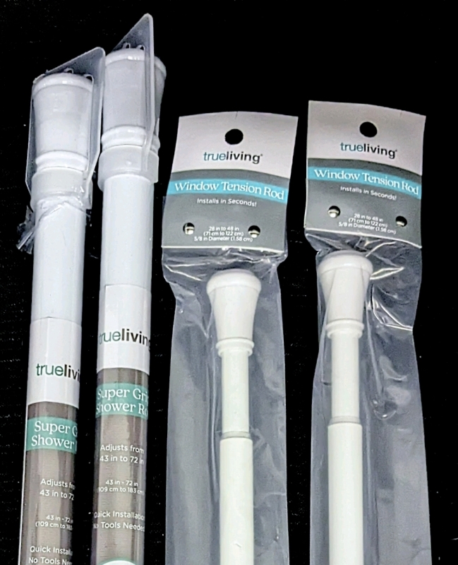 4 New TrueLiving Tension Rods : 2x Window Rods (28" - 48" x ⅝" ea) Diameter + Super Grip Shower Rods (48" - 72" ea)