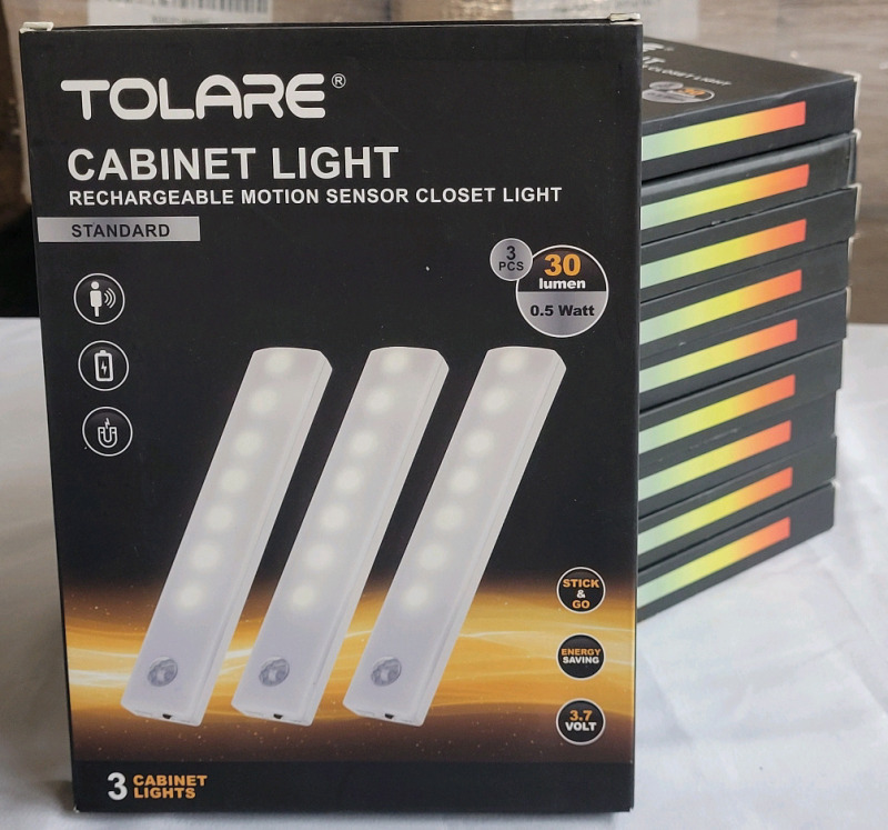 10 New - Tolare Rechargeable Motion Sensor Cabinet / Closet Wireless Lights , Warm White . Ten (10) Packs , 3 Lights Per Pack . Retail $250