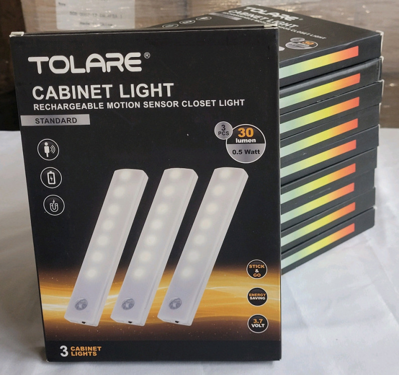 10 New - Tolare Rechargeable Motion Sensor Cabinet / Closet Wireless Lights , Warm White . Ten (10) Packs , 3 Lights Per Pack . Retail $250