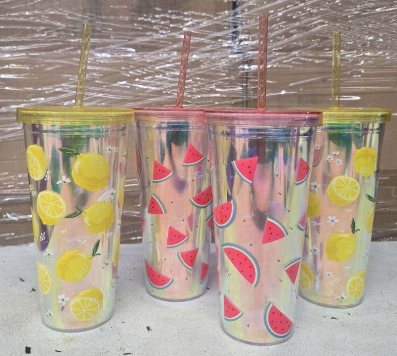 4 New | Hard Plastic Iridescent Water Bottles W/ Straws 7.5" Tall