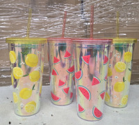 4 New | Hard Plastic Iridescent Water Bottles W/ Straws 7.5" Tall
