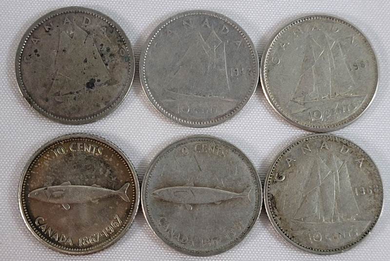 1940 - 1968 Canadian Silver Dimes . 1940 , 1947★ , 1961 , 1967 &times;2 & 1968 . Six (6) Coins