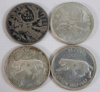1952 - 1968 Canadian Silver 25 Cent Quarters . 1952 , 1967 &times;2 & 1968 . Four (4) Coins