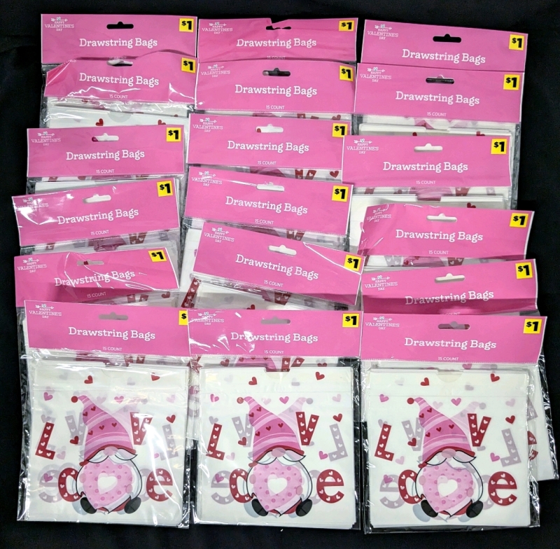 18 New Packs Pink Love Gnome Drawstring Bags - 15 Bags per Pack - 6" x 6" ea