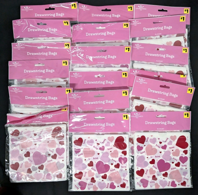 18 New Packs Pink Love Hearts Drawstring Bags - 15 Bags per Pack - 6" x 6" ea