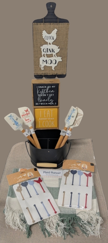 11 New Kitchen Tools & Decor : 4 Dolly Parton Silicone Spatulas, 2 Packs Dolly Parton Drink Stirrers, Plaid Cotton Table Runner 13" x 70", 3 Wood Signs, Metal Caddy 7.5" x 6.25" x 5" Tall