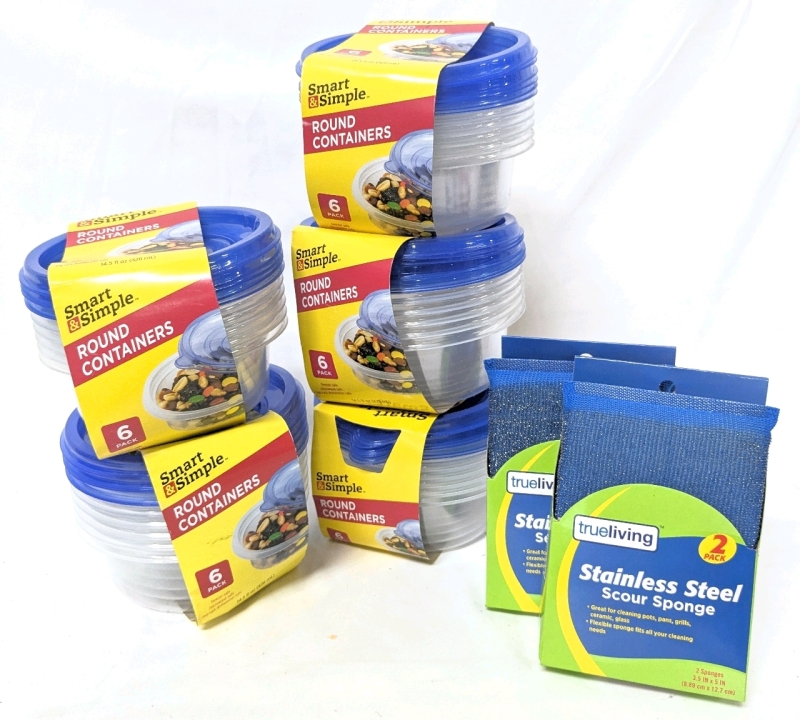 5 New 6-Packs Smart & Simple Plastic Round Containers (428ml ea) + 2 New 2-Pack Stainless Steel Scour Sponges