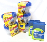 5 New 6-Packs Smart & Simple Plastic Round Containers (428ml ea) + 2 New 2-Pack Stainless Steel Scour Sponges