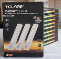 10 New - Tolare Rechargeable Motion Sensor Cabinet / Closet Wireless Lights , Warm White . Ten (10) Packs , 3 Lights Per Pack . Retail $250