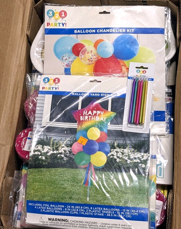 Huge New Party Supplies Lot : Balloon Yard Sign & Chandelier Kits, Decorating Kits, Plates, Napkins, Streamers, Candles, Banners, Tablecloths, Foil Balloons + More