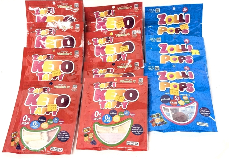 11 New ZAFFI Keto-Friendly 0g Sugar Delicious Fruit Flavor Candy : 8 Bags Taffy, 3 Bags Lollipops - 45g ea | BB 10/2025 and 07/2026