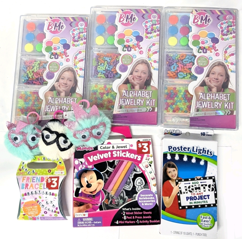 9 New Toys & Craft Kits : 3 BME Alphabet Jewels Kits, Friendship Bracelet Kit, Poster Lights, Minnie Mouse Velvet Stickers, 3 Faux Fur Glasses Google Eye Critter Keychains