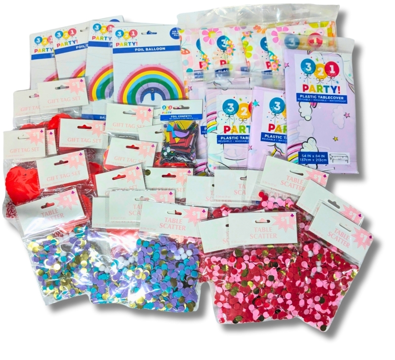 38 New Party Supplies : 4 Foil Rainbow Balloons, 9 Plastic Tablecloths (Flower Power & Unicorns - 54" x 84"), Foil Confetti, 12 Packs Confetti Table Scatter, 12 Packs of 15 Gift Tags & Twine (Round & Hearts)