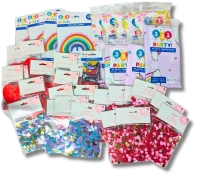 38 New Party Supplies : 4 Foil Rainbow Balloons, 9 Plastic Tablecloths (Flower Power & Unicorns - 54" x 84"), Foil Confetti, 12 Packs Confetti Table Scatter, 12 Packs of 15 Gift Tags & Twine (Round & Hearts)