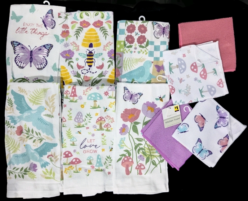 6 New Springtime Dish Towels & 4 New Dish Scrubber Cloths | Towels 14" x 24", Scrubbers 12" x 12" ea