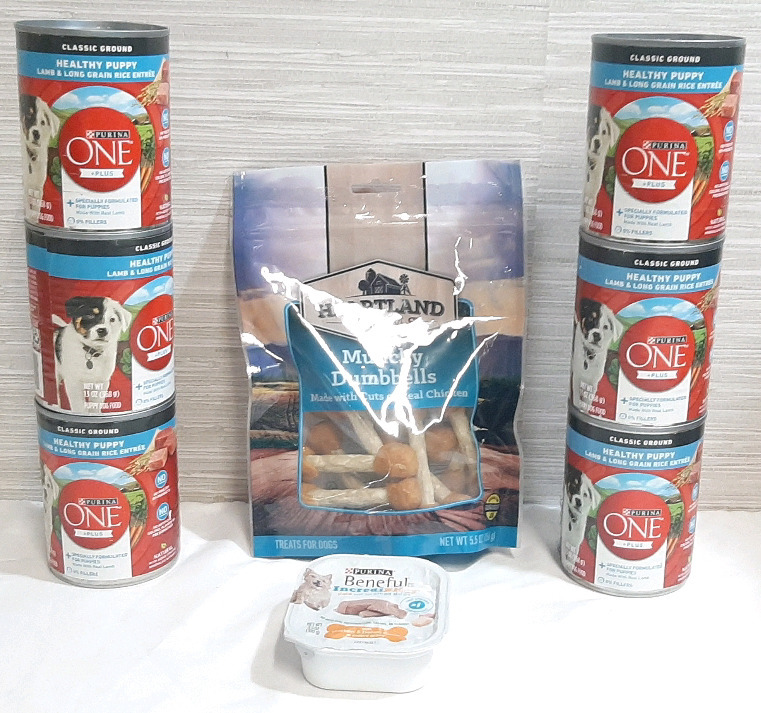 Lot of Pet Food for Dogs, Including Six Cans of Purina One Plus Lamb & Long Grain Rice Entr&eacute;e (Best Before Date February 2026), 1 Purina Beneful Incredibites Chicken & Bacon Flavor in Gravy Wet Food & Heartland Farms Munchy Dumbbell Treats