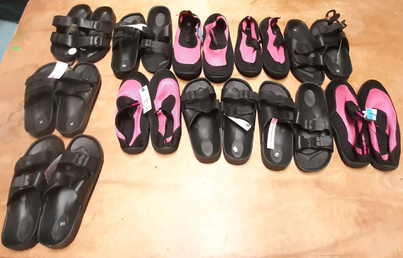 Lot of New Black Women's Sandals (Sizes 6/7 to 9/10), and Pink and Black Women's Swim Shoes (Sizes 5/6 to 10/11) 11 Pairs in Total