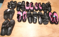 Lot of New Black Women's Sandals (Sizes 6/7 to 9/10), and Pink and Black Women's Swim Shoes (Sizes 5/6 to 10/11) 11 Pairs in Total