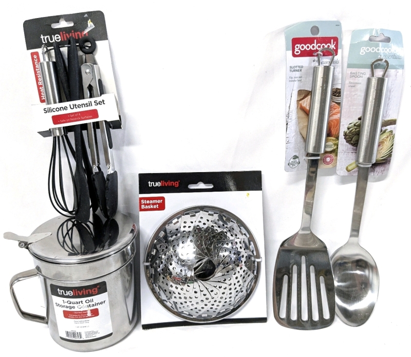 5 New Kitchen Tools : Steamer Basket, 1-Qt Oil Storage Container, 3pc Silicone Utensil Set, Slotted Turner & Basting Spoon